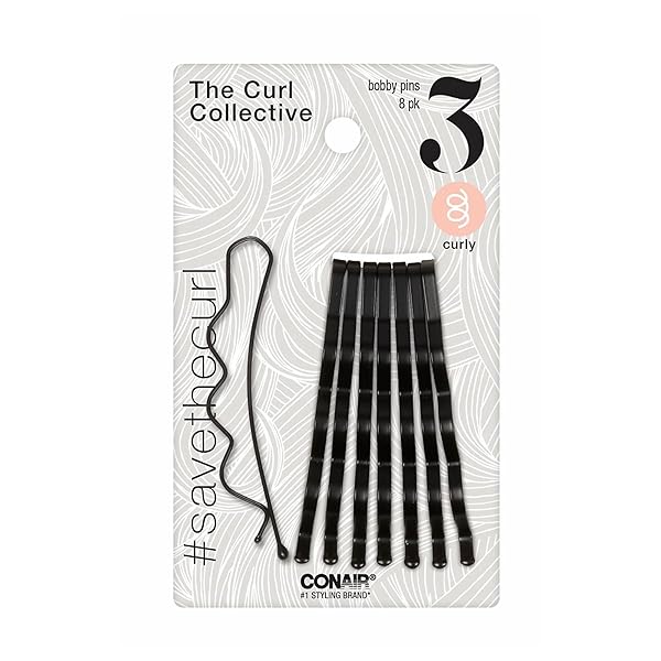 CONAIR THE CURL COLLECTIVE BOBBY PINS FOR CURLY HAIR, BLACK, 8-PIECE SET – SECURE HOLD, DAMAGE-FREE STYLING, CUSTOM-DESIGNED FOR NATURAL CURLS, WAVY & COILY HAIR, ANTI-SLIP GRIP