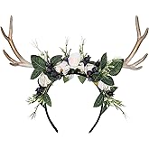 MOSTORY Handmade Deer Horns Headband - Flower Antler Hairband Woodland Reindeer Headpiece with Berries for Prom Renaissance Halloween Cosplay Accessory