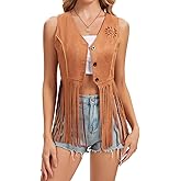 KATOLK Women's Fringe Vest Jacket Faux Suede Tassel Sleeveless Western Cowgirl Vintage Hippie Tassel Outwear
