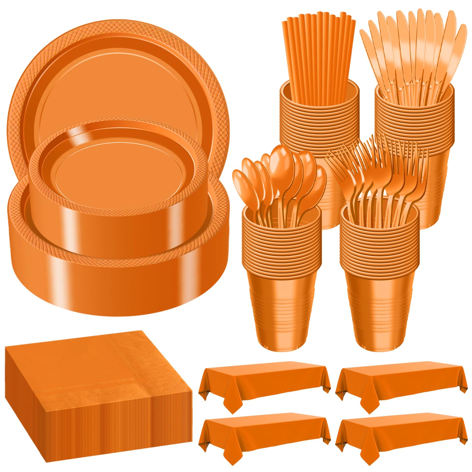 Photo 1 of 484 Pcs Plastic Dinnerware Set Includes 60 Of Each 9" Dinner Plates |7" Dessert Plates|12 oz Plastic Cups | Napkins|Straws|Spoons, Forks & Knives (Orange, 60 Guests)