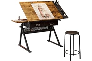 GADERTH Drafting Table w/Stool,Height Adjustable Drafting Table for Adults,Tilted Tabletop with Storage Drawers,Multifunctional Art Craft Artists Desk for Reading, Writing, Crafting and Diamond Arts
