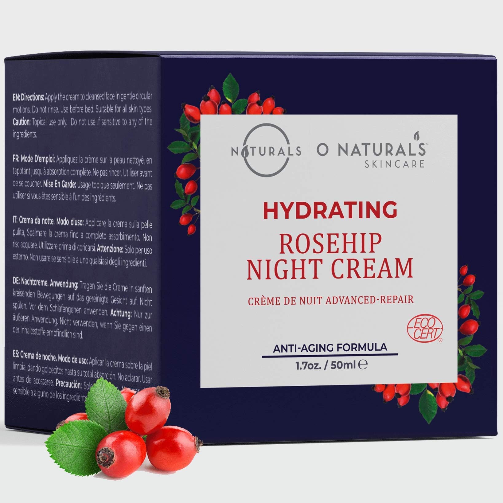 O Naturals Anti-Aging Organic Rosehip Oil Hydrating Night Cream. Face & Neck Moisturizer for Soft Skin. Plant Based Essential Fatty Acids Brighten, Hydrate Dry Itchy Skin Non-Greasy. Men-Women 1.7oz