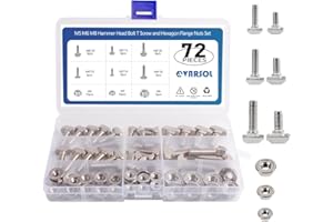 EVARSOL 72Pcs M5 M6 M8 Hammer Head Bolt T Screw and M5 M6 M8 Hexagon Flange Nuts Set Carbon Steel Nickel Plated for 20 30 Series European Standard T-Slot Aluminum Profile