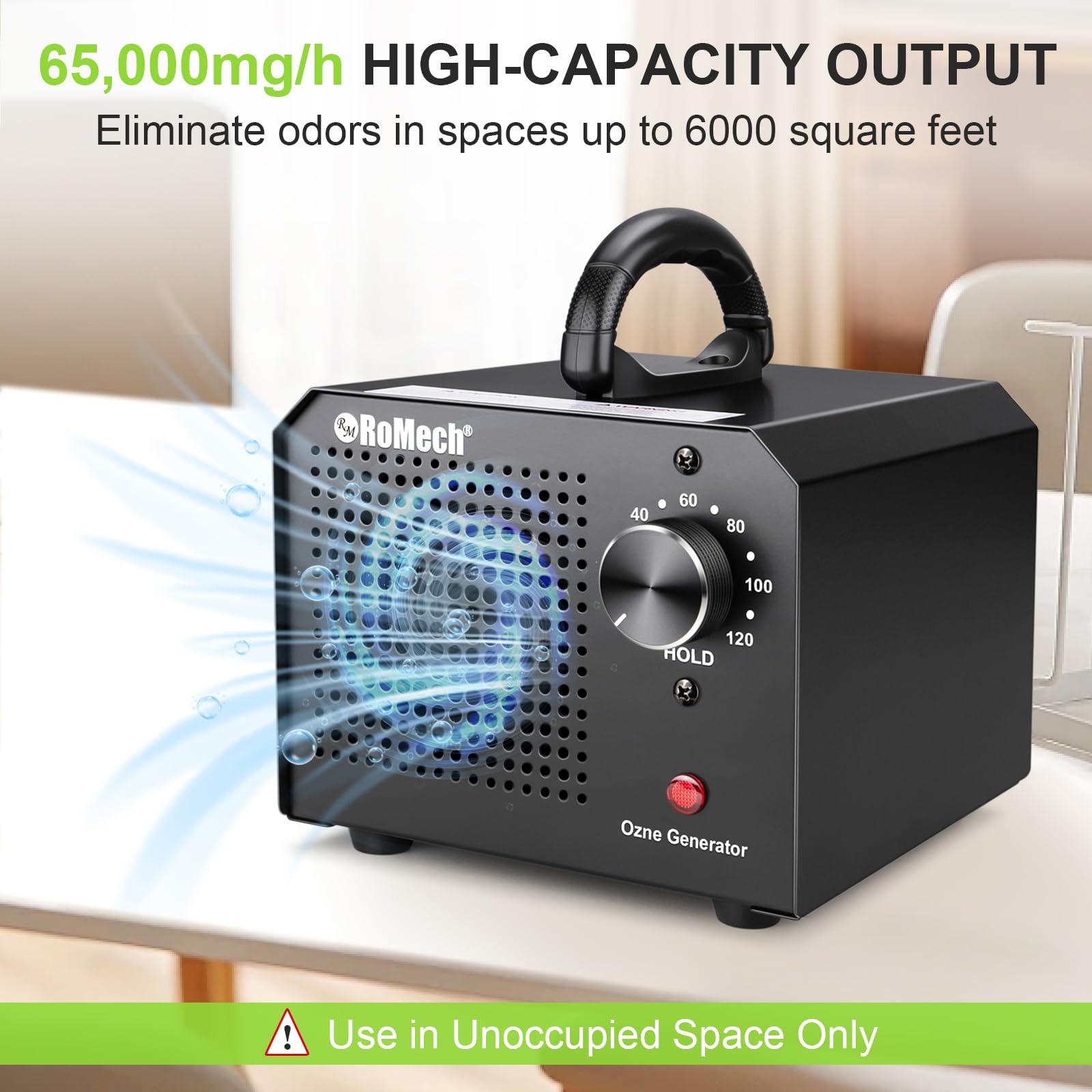 ROMECH Ozone Generator 65,000mg/h, High Capacity Ionizer Air Purifier Ozone Odor Eliminator for 6000sq.ft. Home, Car, Basement, Kitchen (Black)