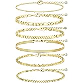 Gold Stack Bracelets for Women Non Tarnish, 14K Gold Plated Chain Bracelets Set for Women, Dainty Trendy Thin Waterproof Cuban Link Box Bracelet Pack for Jewelry Gifts