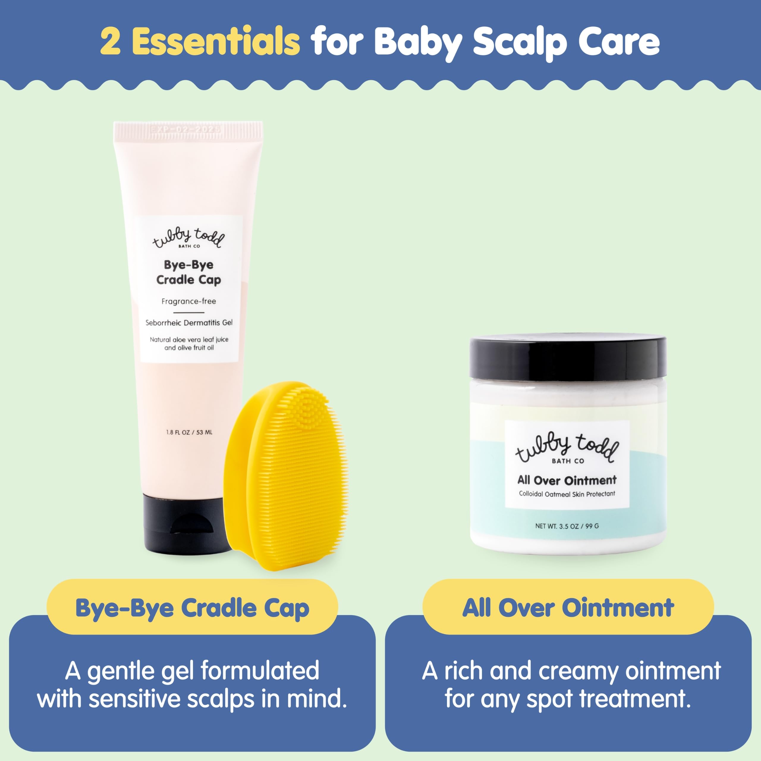 TUBBY TODD Cradle Cap Baby Hair Treatment Kit - Includes Bye-Bye Cradle Cap Gel, Cradle Cap Silicone Brush, & 3.5oz All Over Ointment - Gentle for Babies’ Sensitive Skin