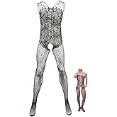SEAUR Men's Fishnet Bodysuit Thong G-string Sheer Lace Garter Straps Rave Nightclub Outfit