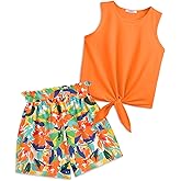 Arshiner Girl's 2 Piece Outfits Summer Tie Knot Tank Top and Paperbag Waist Pocketed Short Sets