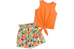 Arshiner Girl's 2 Piece Outfits Tie Knot Tank Top and Paperbag Waist Pocketed Summer Short Sets