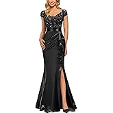 Miusol Women's Vintage V-Neck Slim Style Ruffle Split Evening Formal Maxi Dress