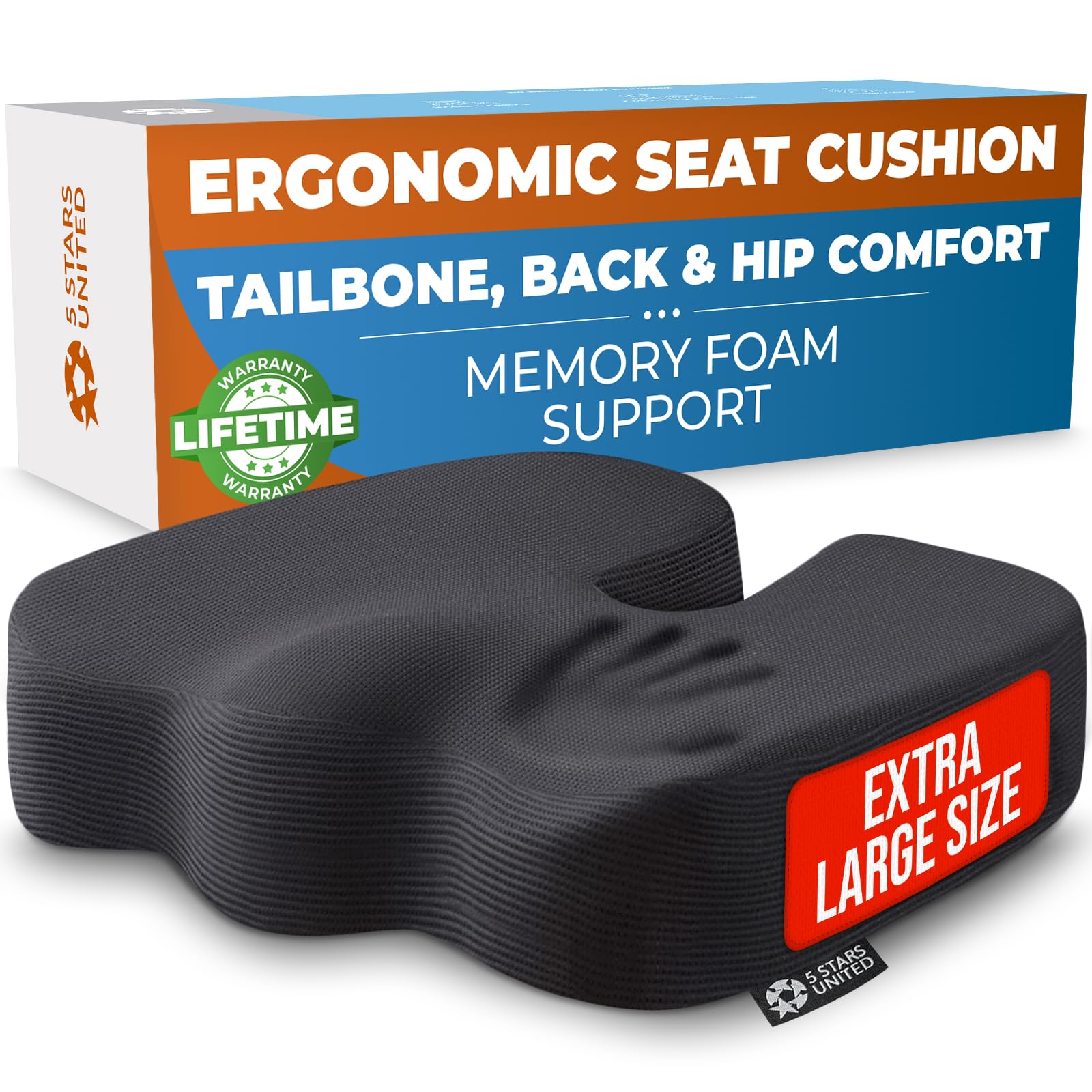 Photo 1 of 5 STARS UNITED Seat Cushion for Tailbone Pain Relief – Large Memory Foam Cushion for Coccyx, Hip, Sciatica & Post-Surgery Recovery – Wheelchair, Car, Desk, Gaming & Office Chairs, Black