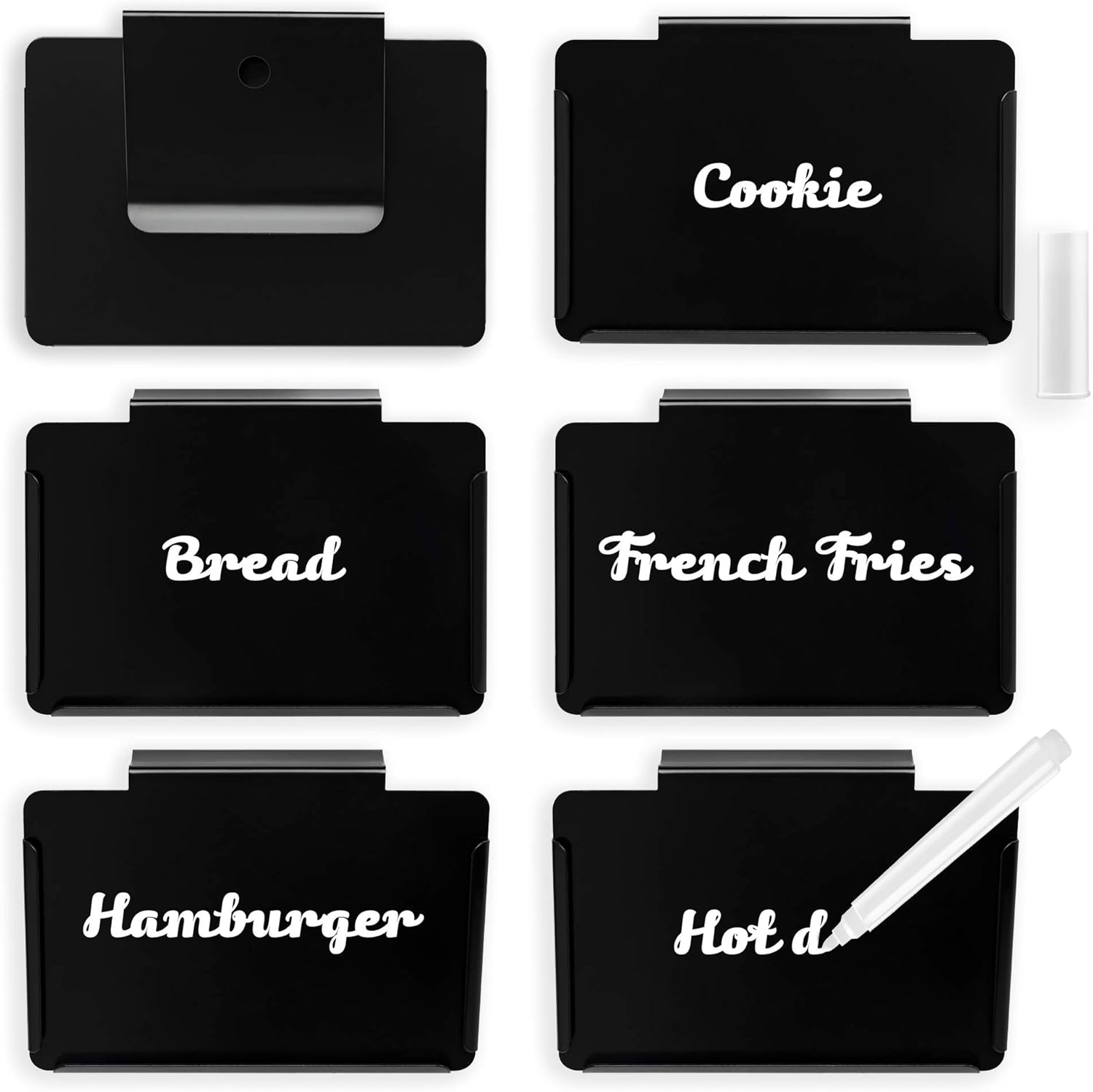 Black Basket Label Clips Removable Labels Metal Clip On Label Holders Pantry Labels for Storage Basket Bins/Box (6 Chalk Labels + 1 White Chalk Marker) : Office Products