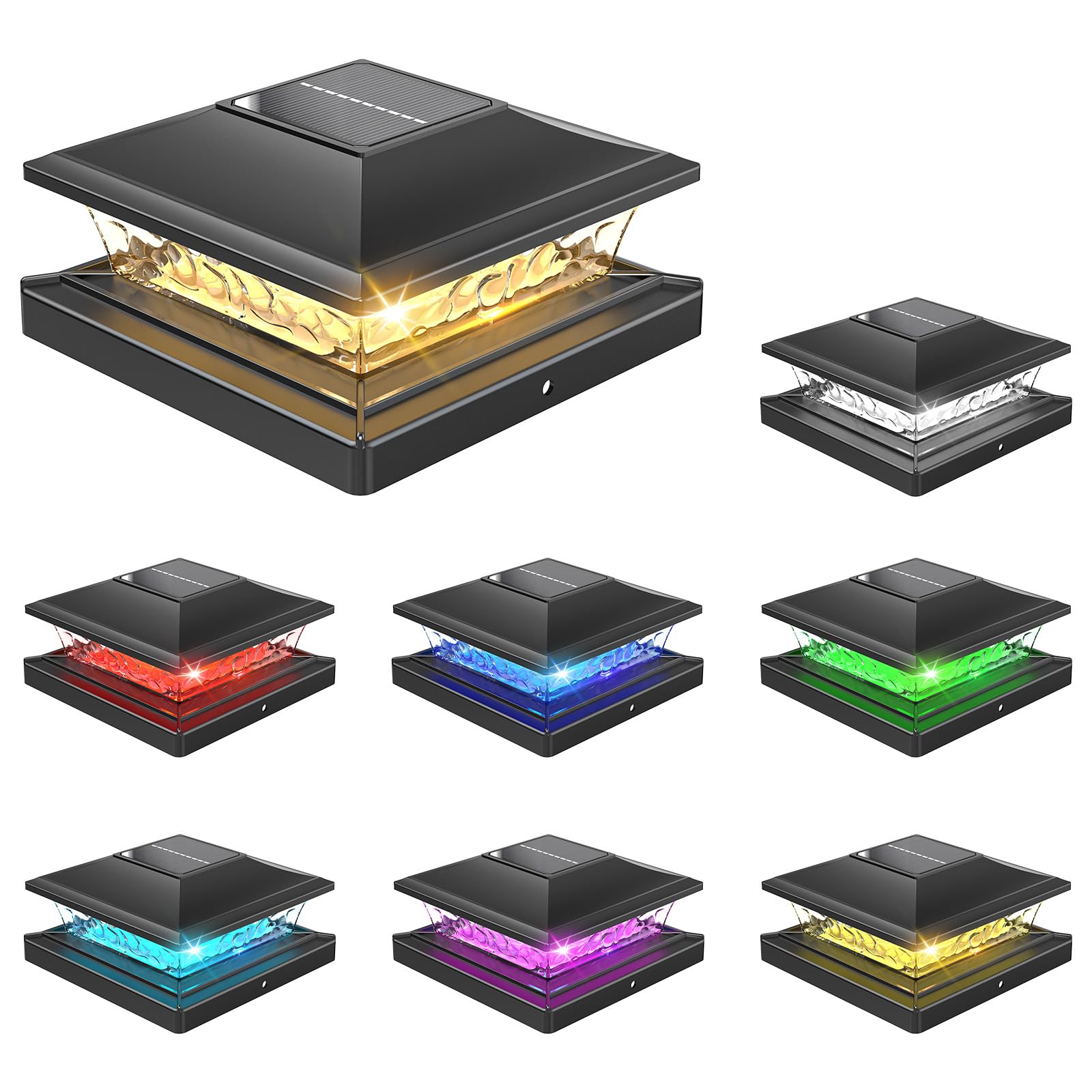 Photo 1 of APONUO Solar Post Cap Lights with 8 RGB Solid Colors & Multicolor Flow - 8 Pack 6x6 Post Cap Solar Light, IP65 Waterproof - Fits 4x4 5x5 6x6 Wood & Vinyl Posts - Black