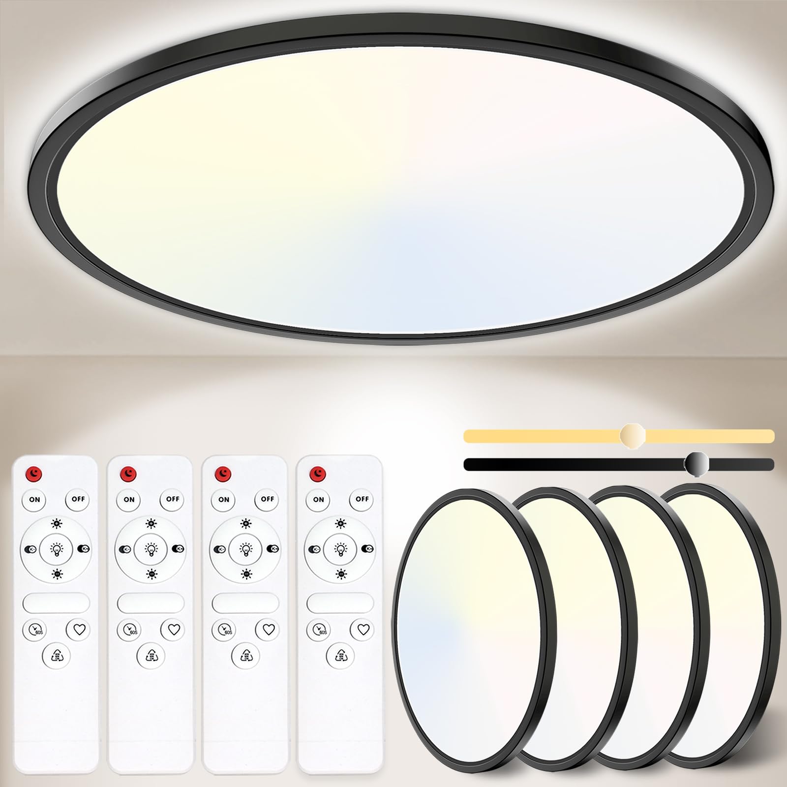 Yexati Bathroom Light 24W 3200LM 30cm Dimmable with Remote Control 6500K-3000K, IP54 LED Bathroom Light Ultra Thin Flush Ceiling Light Round for Kitchen Toilet Porch Bedroom Utility Room Black 4 Pack