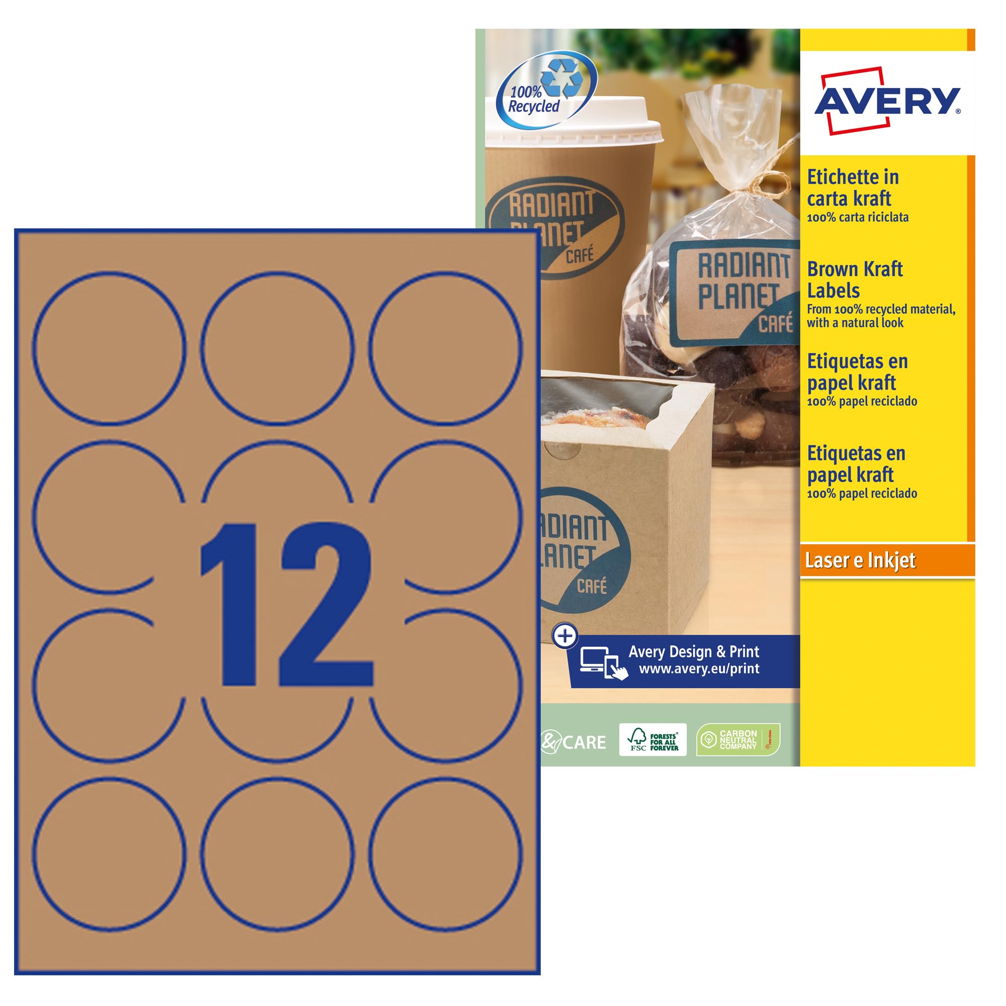 Avery L7106‑20 Round Kraft Paper Labels – 240 Labels (63.5 mm) on 20 A4 Sheets | JamFree™ Printable Removable Sticker Circles for Crafts, Packaging & Home Organisation