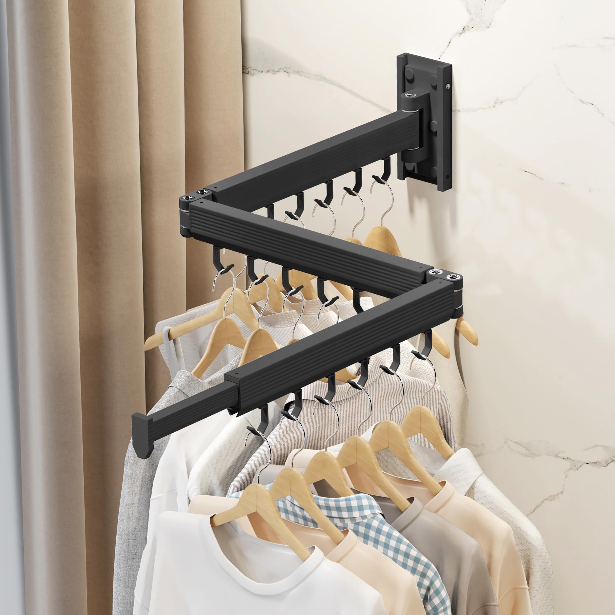CHAHUANV Wäscheständer Wandmontage ausziehbar & klappbar, platzsparender Wand Wäscheständer aus Aluminium, Wand Wäschetrockner für Bad, Balkon & Waschküche, Schwarze Haken 7