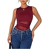 Milumia Women's Cut Out Sheer Mesh Bodysuit Top See Through Sleeveless Body Suits Going Out