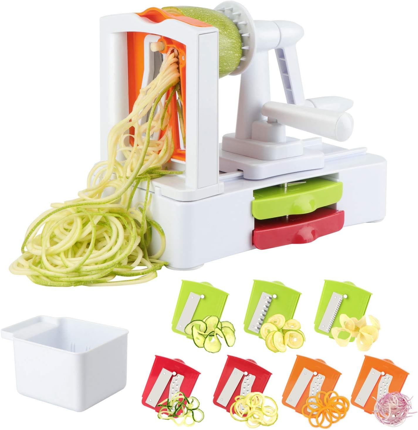 TOROTON 7 Blade Spiralizer, Vegetable Slicer with Durable Stainless Steel Blades, Kitchen Cooking Tool, Spiral Zoodle Maker with Blade Store Container - White