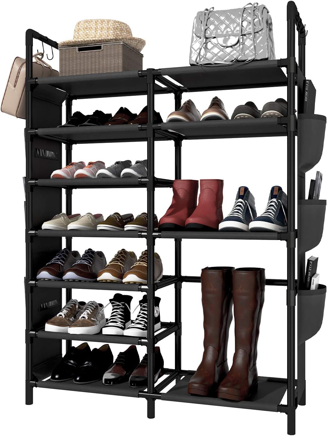 20 pair stackable shoe storage cabinet on Zero Jet Lag 50 H Shoe Rack Boots Storage Organizer 7 Tiers Closet Entryway Shelf Stackable Cabinet Tower Double Row Non Woven Fabric Metal 20 25 Pairs Black Storage Organization Home Kitchen