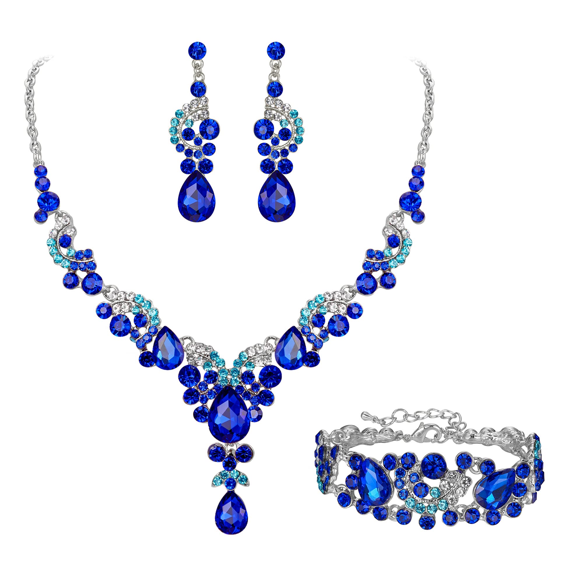 Ever Faith Wedding Jewellery Set for Women, Sparkly Rhinestone Crystal Vintage Floral Teardrop Brides Bridal Necklace Earrings Bracelet Sets Prom Party Costume Jewelry 3 Pcs Blue Silver-Tone