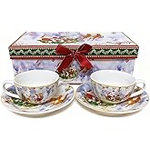 ROSE CREATE 2 Sets 4 OZ Christmas Porcelain Coffee Cup Bucket, Xmas Santa Claus Small Juice Milk White Ceramic Cup with Saucer, with Gift Box
