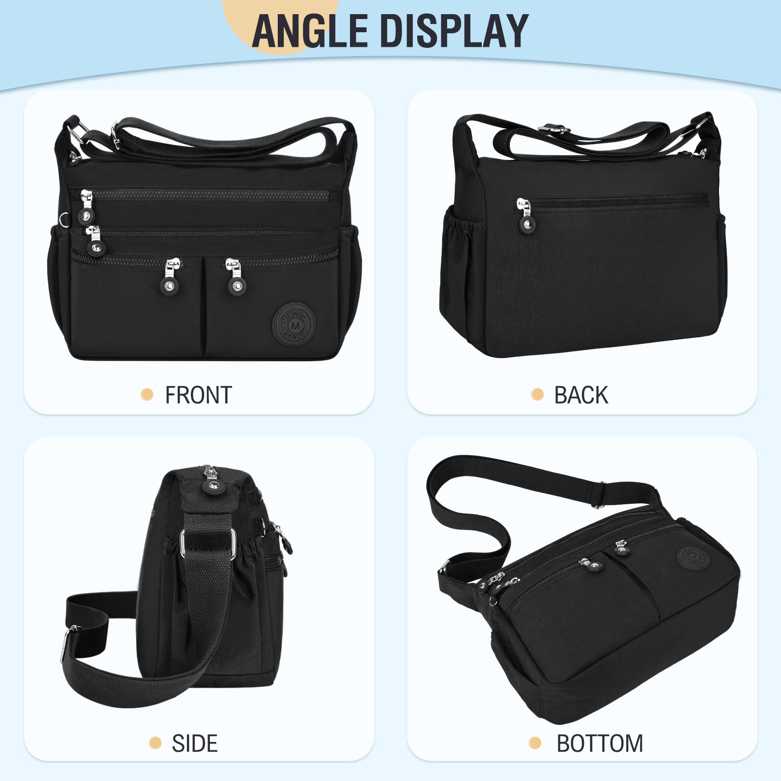 TEUEN Crossbody Bag Women's Large Capacity Waterproof Nylon Shoulder Bag Women's Medium Casual Handbag & Lightweight Shoulder Bag Large Messenger Bag with Many Compartments, black, Minimal