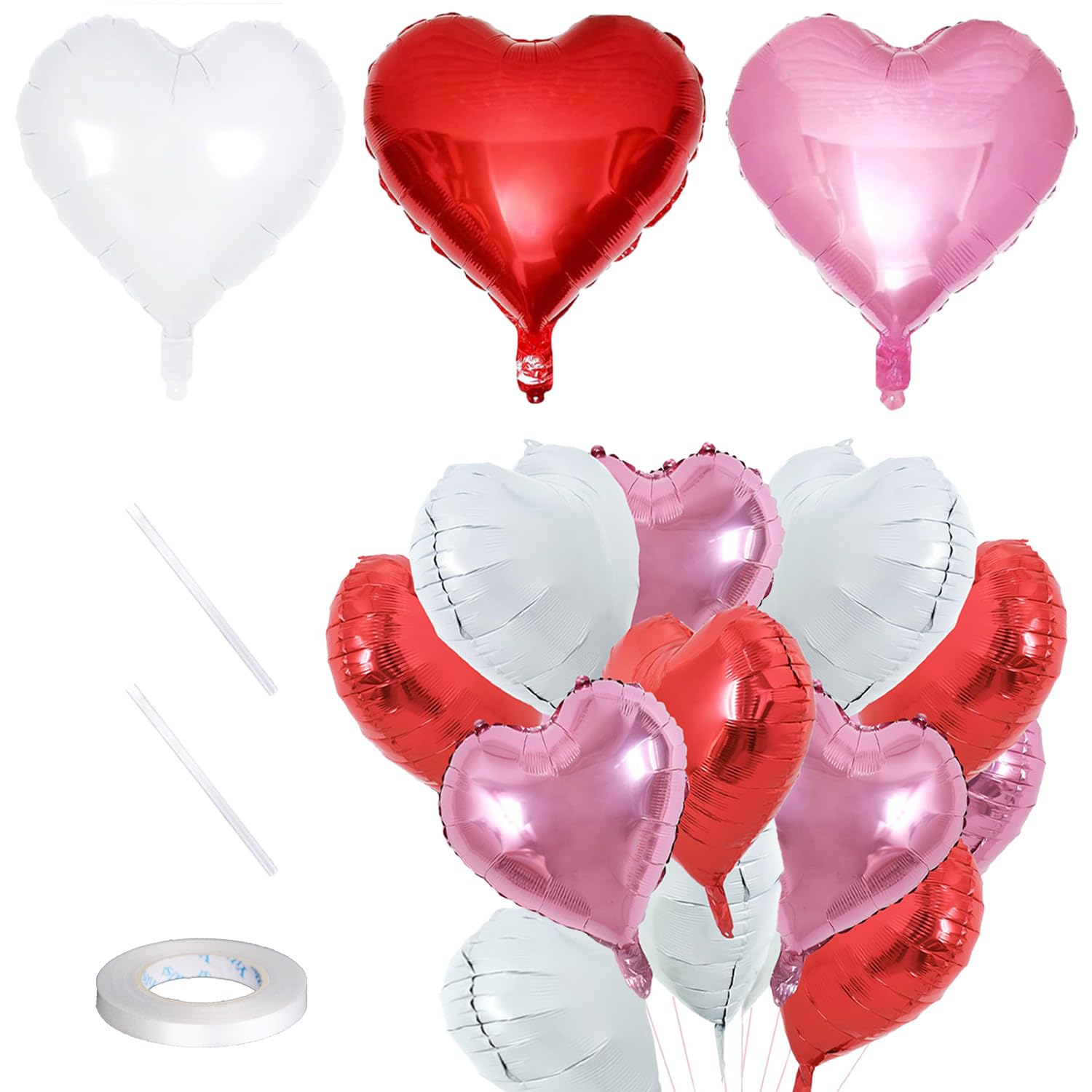 15 Pcs Heart Shape Balloons Set 18 Inch Red Hot Pink Mylar Balloons for Valentines Day Golden Wedding Brithday Party Anniversary