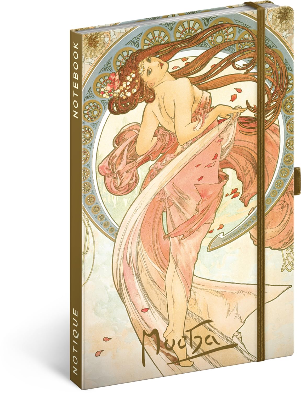 NOTIQUE Alphonse Mucha Dance Lined Notebook with Elastic Band, 13 x 21 cm, Approx. A5, Designer Hardcover Notebook, Notepad, Journal, Diary for Adults, Women