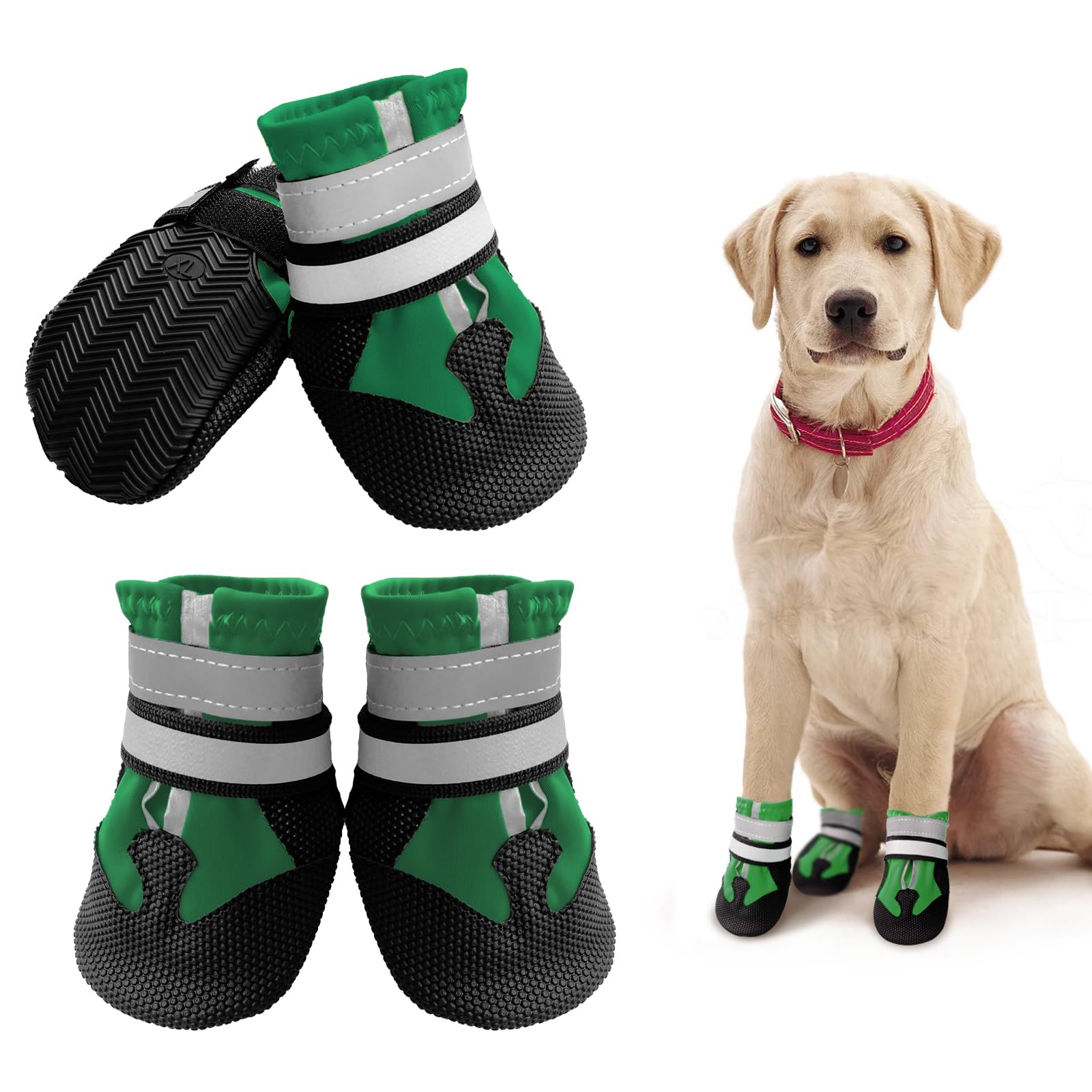 NeuWee Dog Boots, Non-Slip Dog Paw Protectors, Set of 4 Waterproof Dog Shoes with Adjustable Reflective Straps and Anti Slip Sole for Small Medium Large Dogs Outdoor (Green, XL)