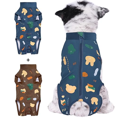 2Packs Medium Dog Surgery Recovery Suit for Male/Female with Zipper Closure, Post Surgery Protective Wear with Pee Hole, Unisex Pet Surgical Vest for Wound Care, Spay/Neuter Healing(Blue + Brown, M)