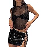 Cslbiuni Women’s Sexy Knitted Glitter Crop Tank Top Sheer Mesh Crew Neck Sleeveless Cropped Shirt Blouse