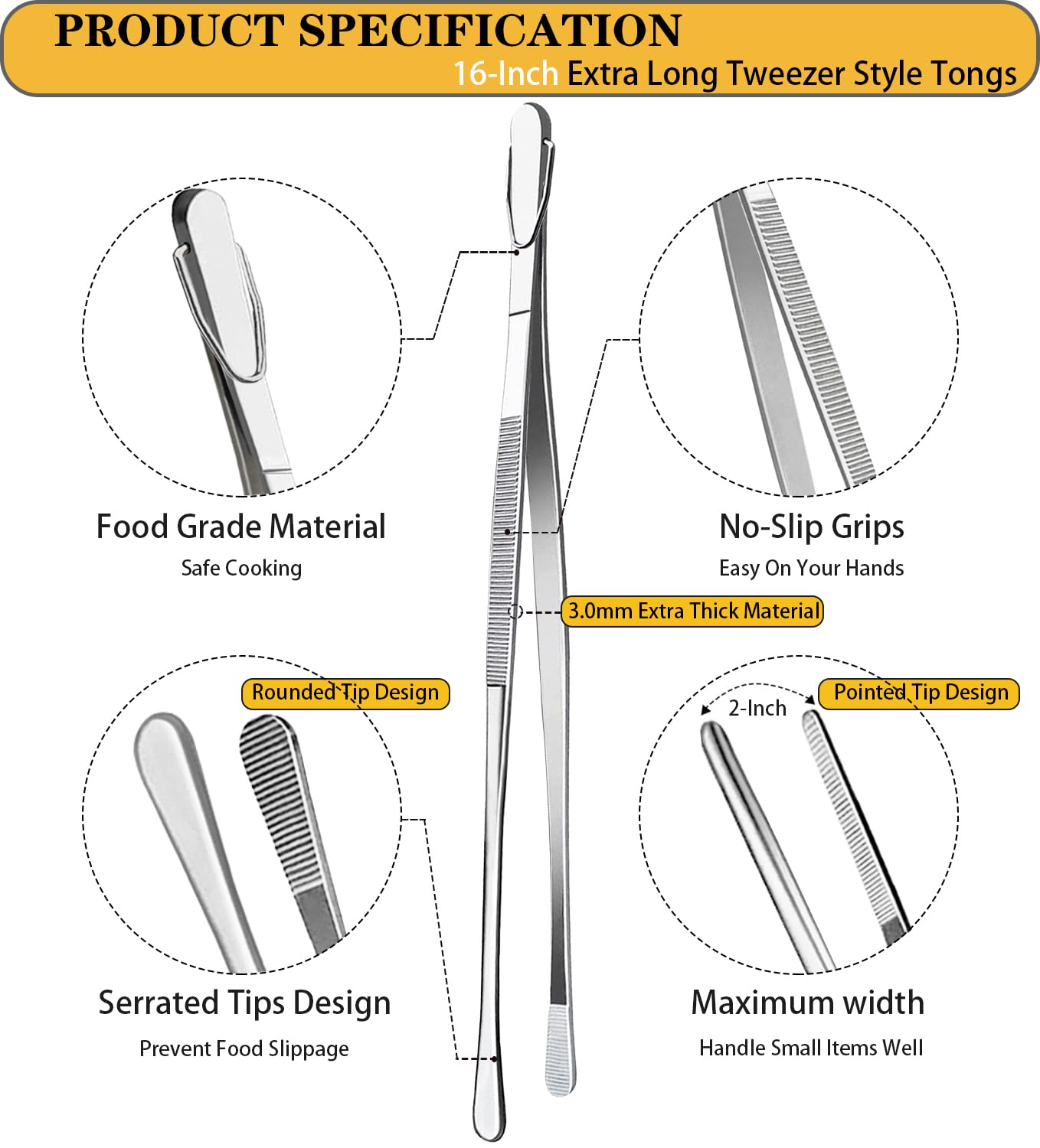 JETKONG 2 Pcs 16-Inch Kitchen Tweezers Extra Long Tweezer Tongs, Heavy Duty Stainless Steel Cooking Tweezers (Silver)
