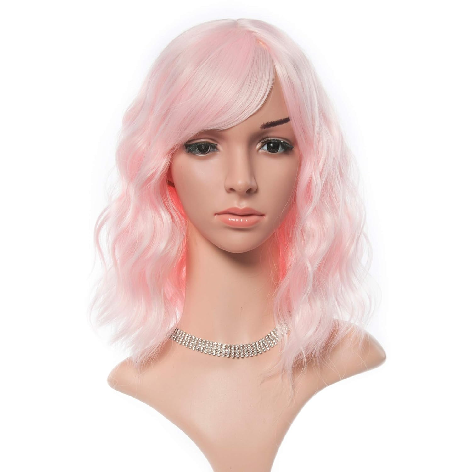 FAELBATY Pink Wig Women's Short Wig With Bangs Bob Curly Wavy Synthetic Cosplay Wig Pastel Wig for Girl Costume Wigs Pure Pink Color