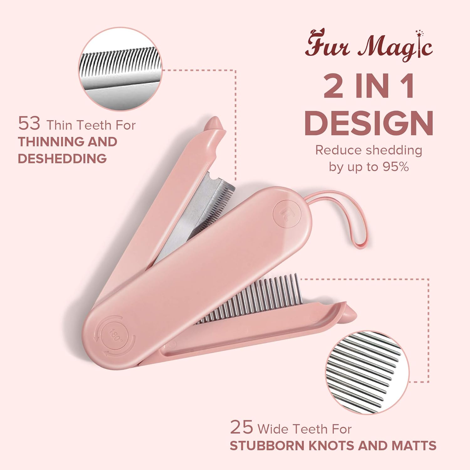 Fur Magic Deshedding and Dematting Comb, 2 Sided Foldable Pet Grooming Brush for Deshedding Mats and Tangles - Image 3