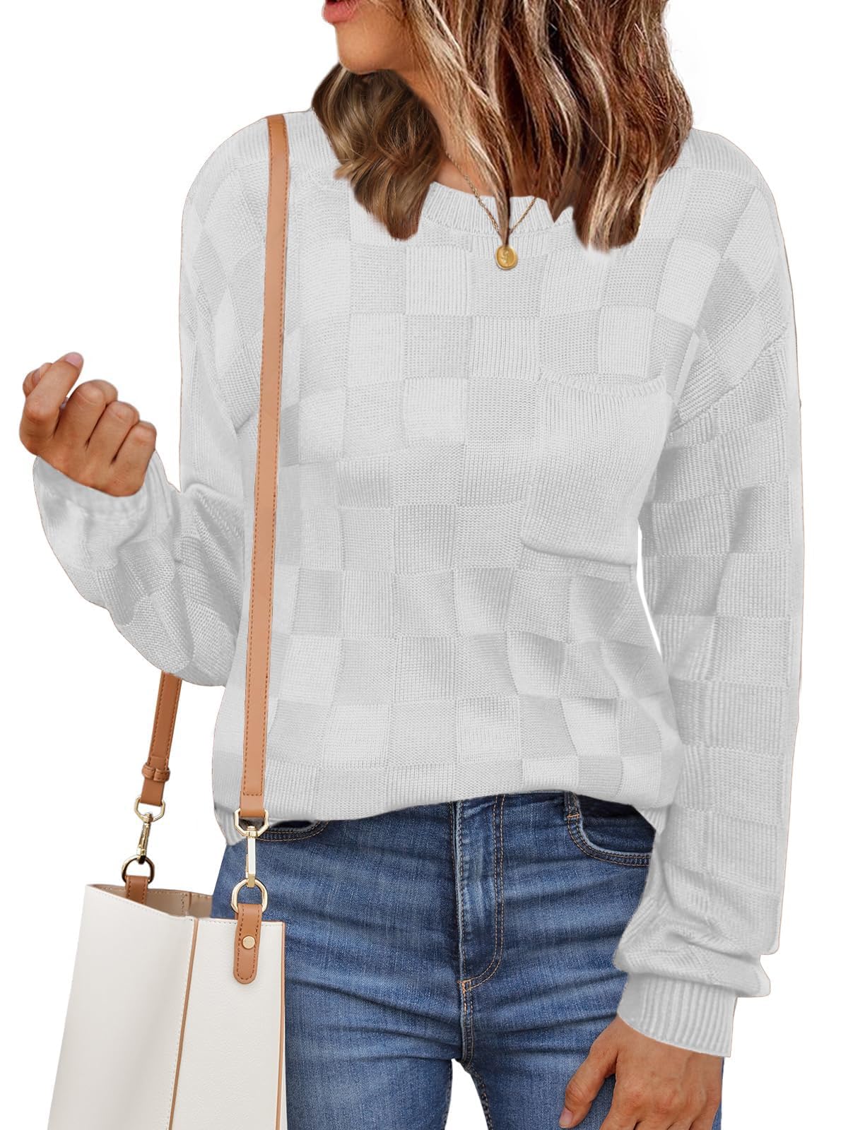 Womens Sweaters 2025 Fashion Trendy Long Sleeve Crewneck Checkered Sweater Knit Loose Pullover Sweater Tops (White L)