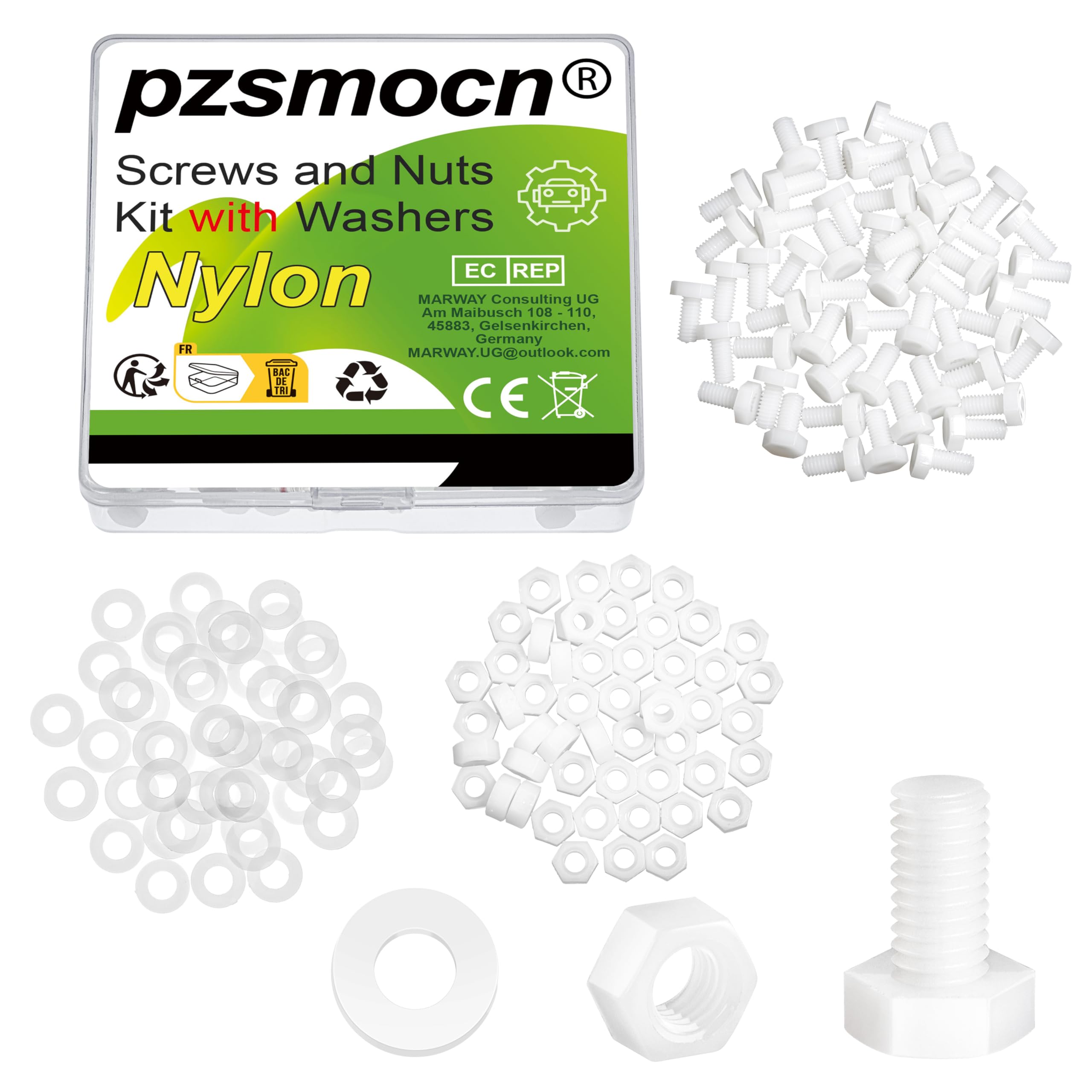 Pzsmocn 150 Pieces/50 Sets M6*12 mm Plastic White Nylon Outer Hexagon Screw Nut Combination Kit, with Insulating Washers, Standard Size, For DIY and Electronic Assembly.