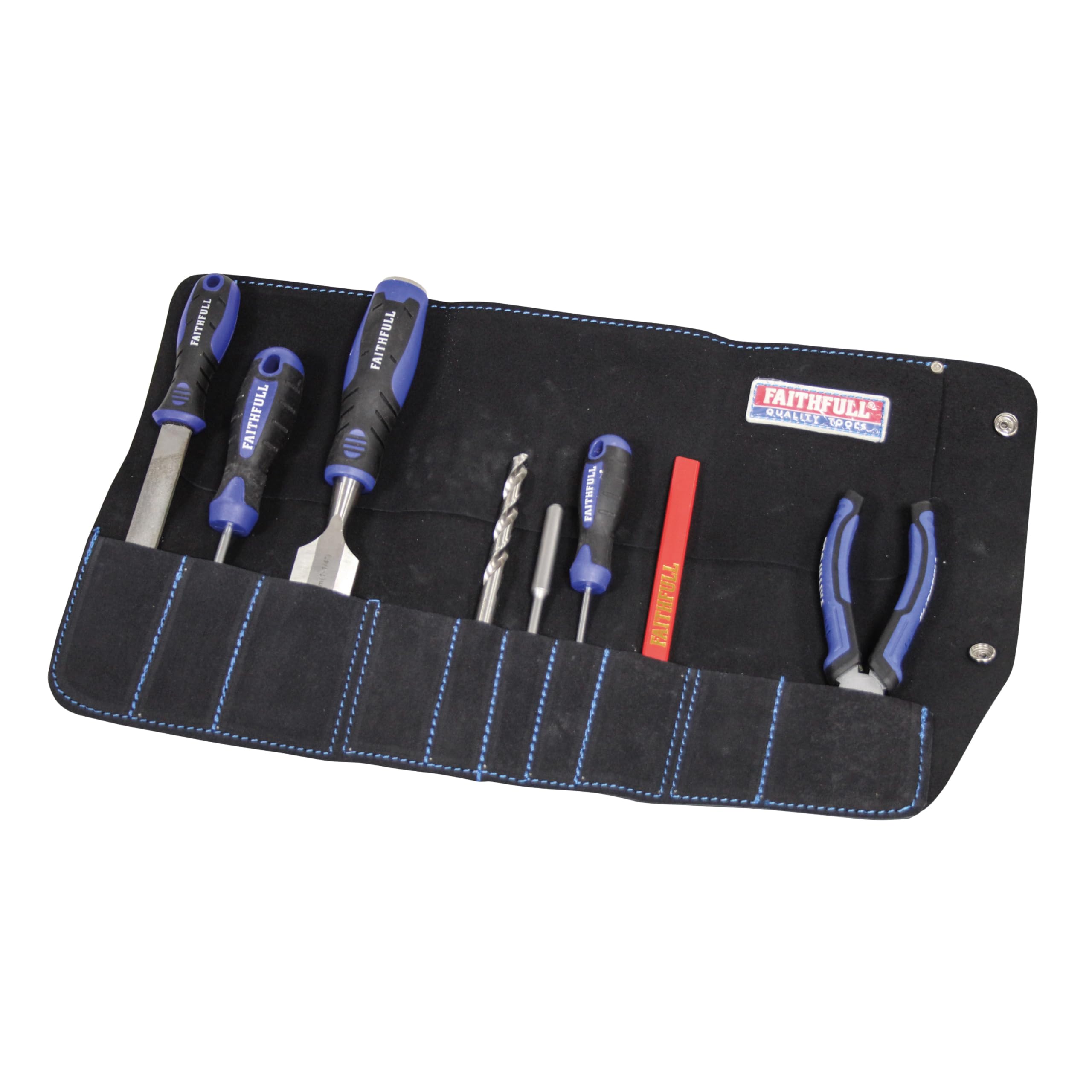 Faithfull Suede Leather Tool Roll – 10 Pocket, Hand Tool Organiser with Press Stud Fastening for Carpenters, Woodworkers, Mechanics & DIY – 48 x 27cm – Black