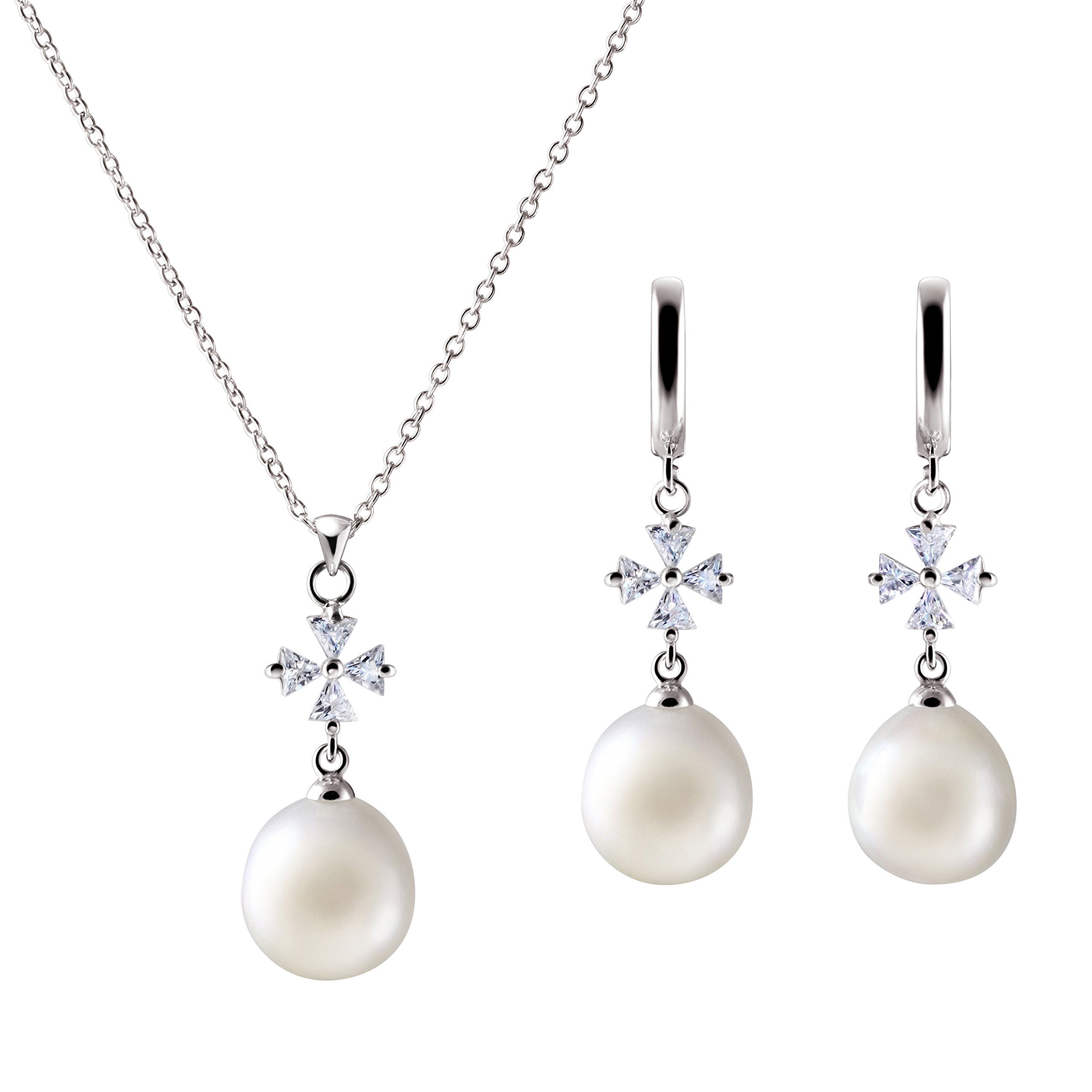 Franki Baker White Natural Large Baroque Pearls, CZ Crystal Pendant Necklace & Earrings Set in 925 Sterling Silver. Chain length: 55cm. Earring Length: 3.5cm