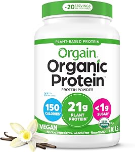 Orgain Organic Vegan 21g Protein Powder, Vanilla Bean, 2.03 lb | Plant based protein, 4g prebiotic fiber, no added sugar or l