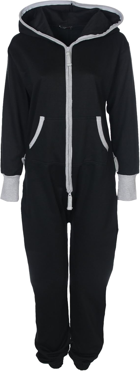 New Womens Hooded Zip Up All in One Onesie Ladies Adult Jumpsuit Black