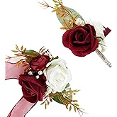 SITUMEIZI 2Pcs Wine Red Corsage and Boutonniere Set Wrist Corsage Bracelets and Boutonniere for Men Wedding Prom Party Suit Decor