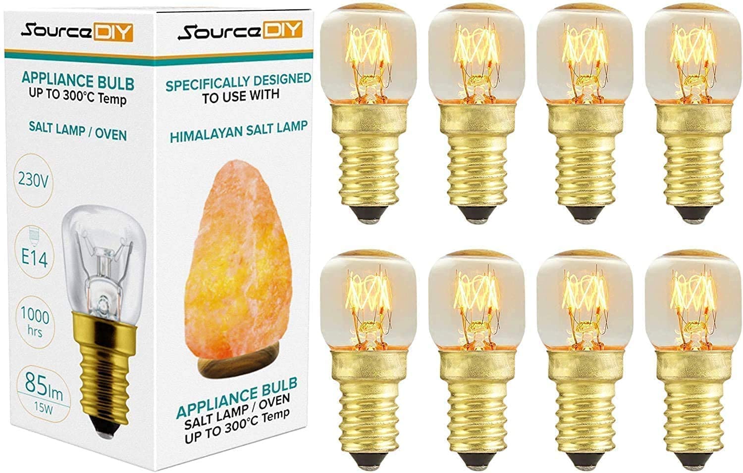 SourceDIY Salt Lamp Bulb 15w E14 (Pack of 8) for Oven <300°C, Fridge, Multipurpose Pygmy Appliance SES Incandescent dimmable Bulbs