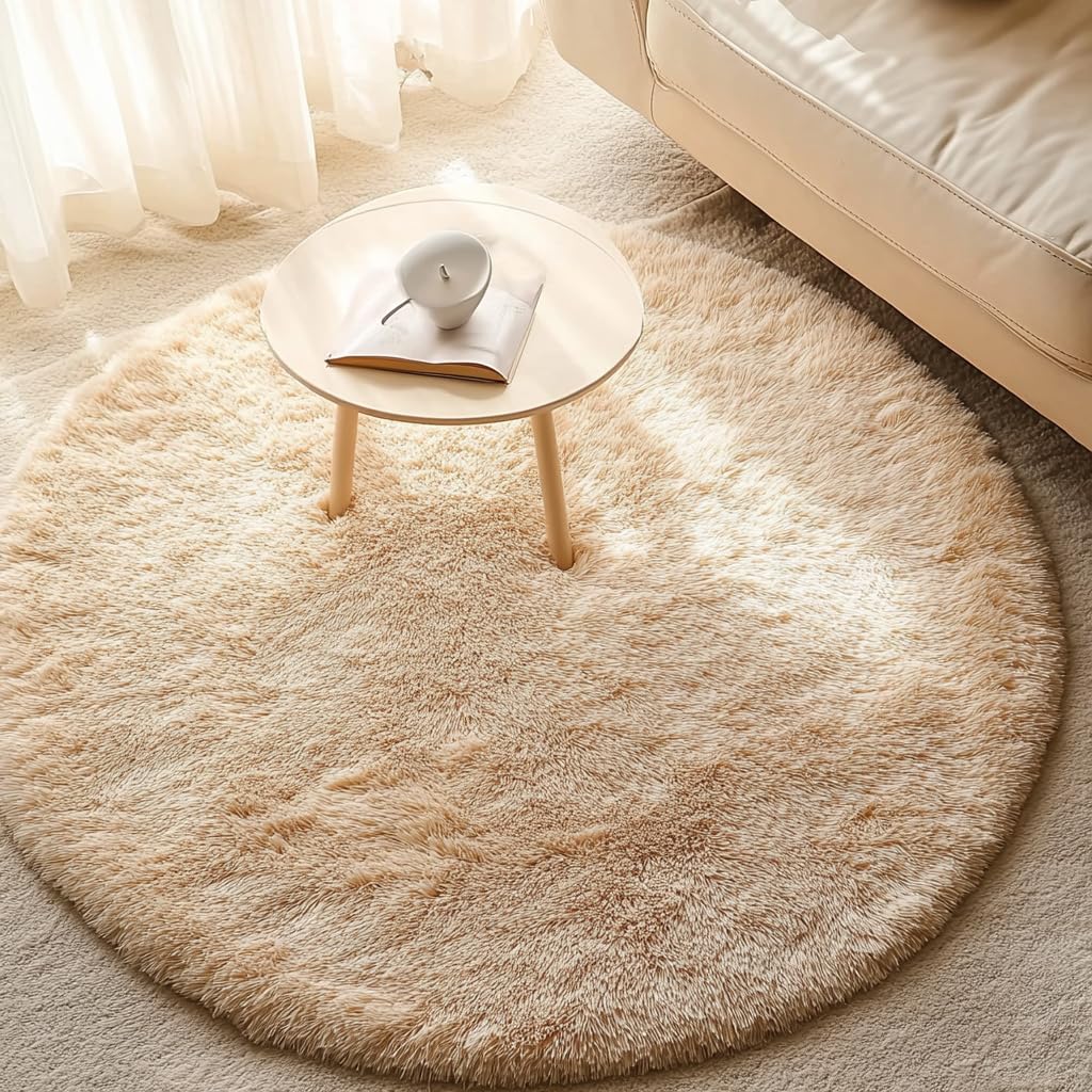 Tenekee Round Rugs for Bedrooms Fluffy Living Room Circle Area Rug Soft Shaggy Carpet for Kids Room Floor Mat (Khaki, 120cm)