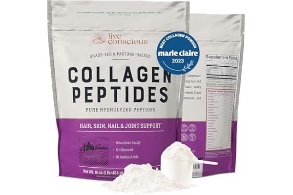 Live Conscious Collagen Peptides Powder - Naturally-Sourced Hydrolyzed Collagen Powder - Hair, Skin, Nail, and Joint Support - Type I & III Grass-Fed Collagen Supplements for Women and Men - 16oz