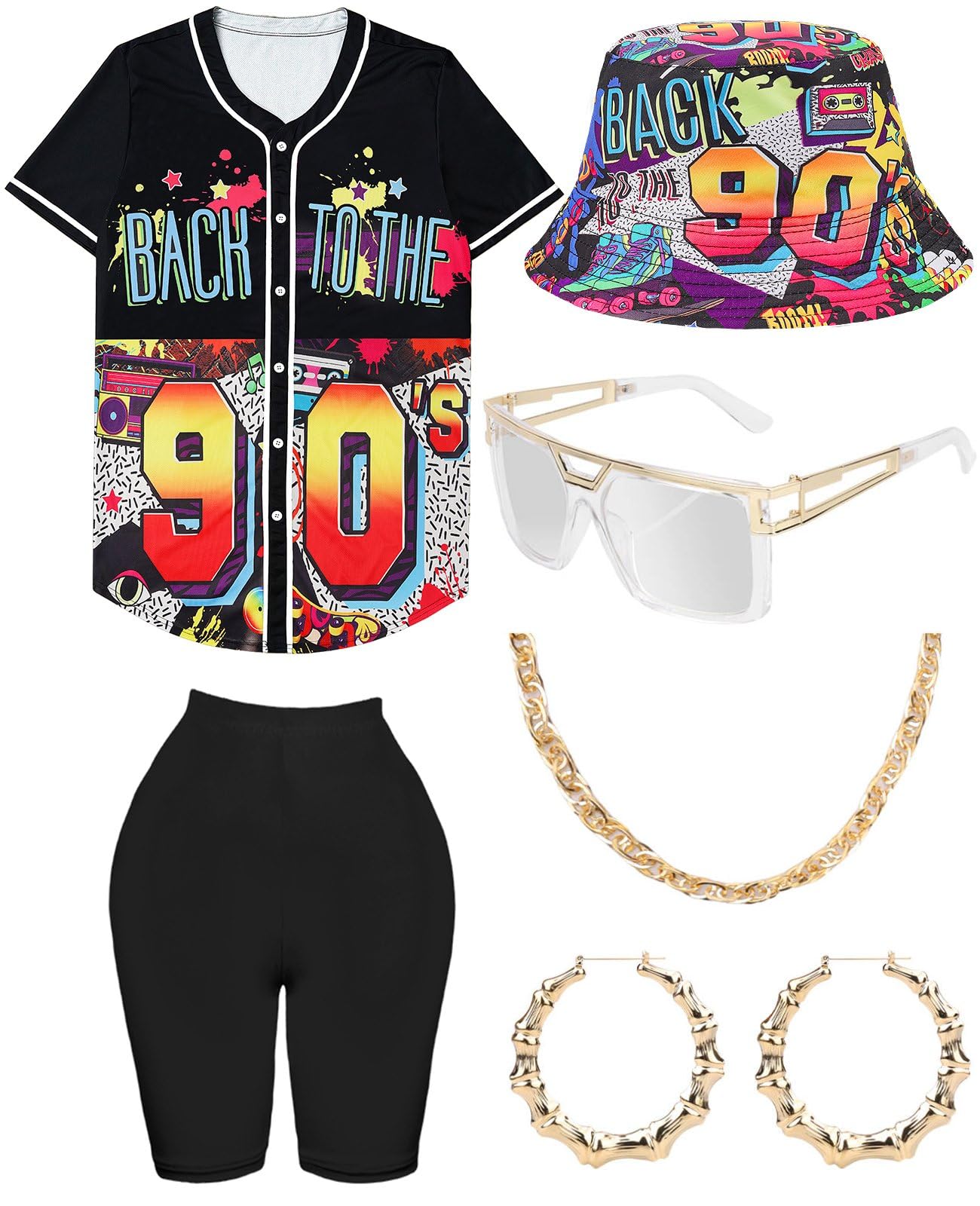 Photo 1 of *MISSING 2 ACCESORIES GLASSES AND CHAIN* 80s 90s Outfit for Women, Unisex Hip Hop Costume Baseball Jersey Shirt Yoga Pants Bucket Hat Gold Chain Rapper Accessories