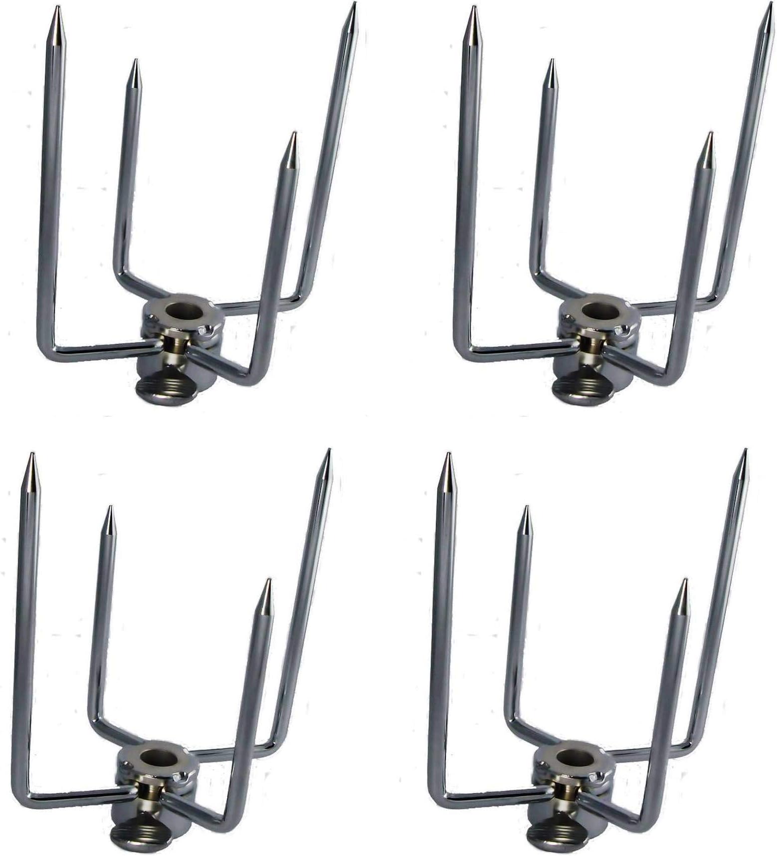 OneGrill Chrome Steel Grill Rotisserie Spit Rod Forks (Fits: 1/2 Inch Hexagon, 3/8 Inch Square, 1/2 Inch Round). 2-Pack (Includes 2 Sets)