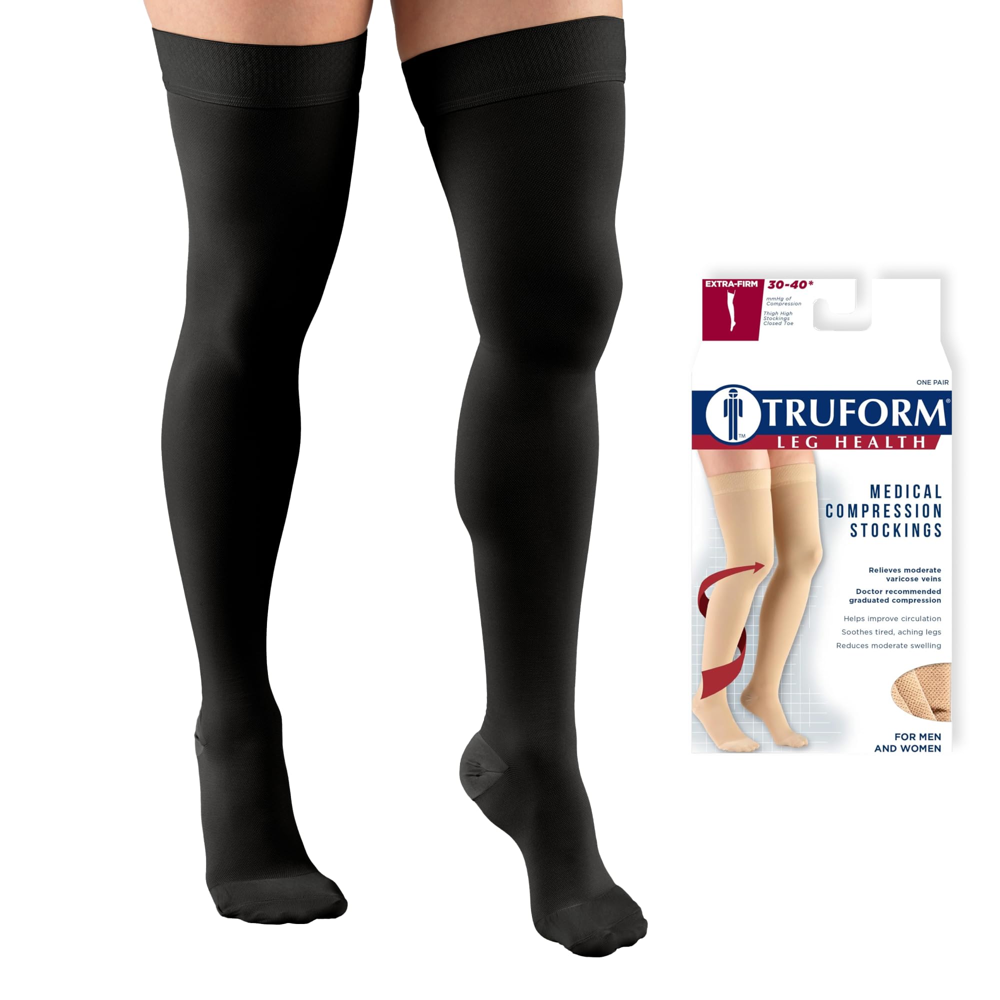 Photo 1 of Truform 30-40 mmHg Compression Stockings for Men and Women, Thigh High Length, Dot-Top, Closed Toe, Black, Large