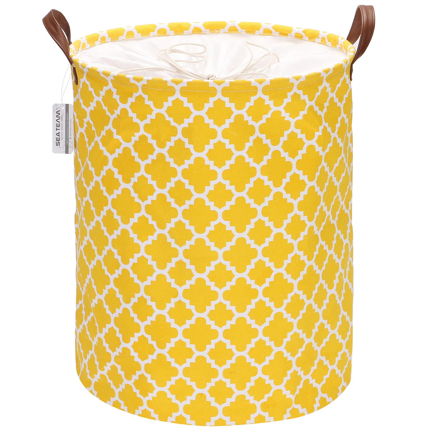 Sea Team Moroccan Lattice Pattern Laundry Hamper Canvas Fabric Laundry Basket Collapsible Storage Bin with PU Leather Handles and Drawstring Closure, 19.7 by 15.7 inches, Waterproof Inner, Yellow