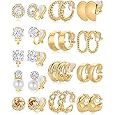 Tornito 13 Pairs Clip on Earrings for Women Chunky Non Pierced Hoop Earrings CZ Pearl Knot Croissant Tube Twist Stud Hoop Clip on Earring Set Fake Earrings Clips Jewelry 14K Gold Silver Plated