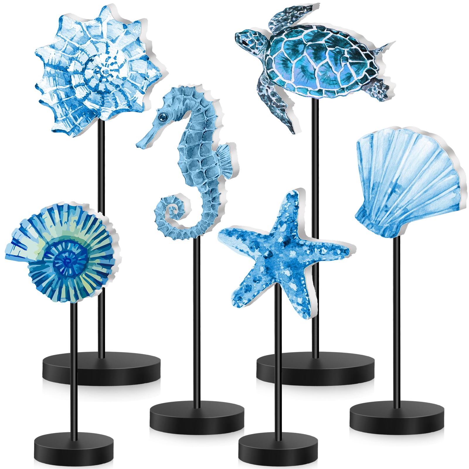 Photo 1 of Wenqik 6 Pcs Summer Ocean Wood Table Sign Standing Wooden Starfish Sea Turtle Seashell Shell Tabletop Home Decor Rustic Wooden Tabletop Centerpiece Standing Block Decorations for Farmhouse Kitchen